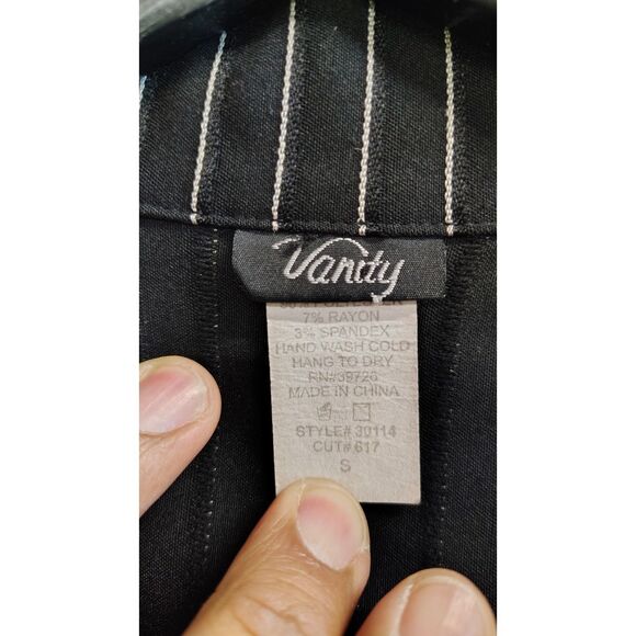 Vanity Small Black White Pinstripe Women's Button-Up Cap Sleeve Blazer - Picture 3 of 5